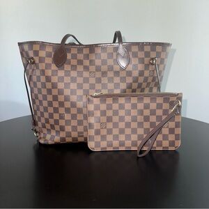 Louis Vuitton Neverfull MM Damier Ebene Tote and Clutch w/ Cherry Lining